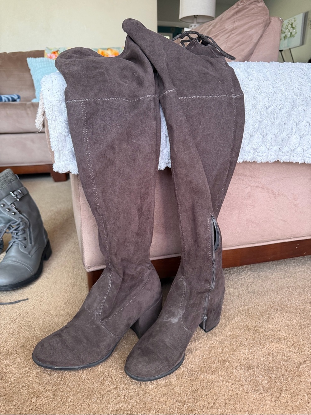 Women's Over-the-Knee Suede Block Heel Boots - Dark Brown